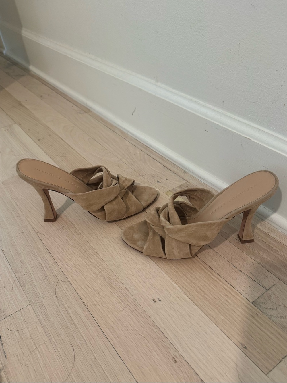 Veronica Beard Ali  Sandals-Twisted Strap Suede Mules in Tan